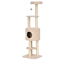 PawHut Albero Tiragraffi Robusto per Gatti con 5 Livelli, Cuccia, Casetta, Giochi e Corda Sisal, Beige, Max 30kg(m-10)