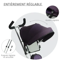 HOMCOM Tricycle Enfant évolutif Pare-Soleil Pliable Canne télescopique Amovible 92 x 51 x 110 cm Acier Violet Blanc(m-6)
