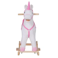 HOMCOM Cavallo a Dondolo in Legno Unicorno Giocattolo Cavalcabile Bambini Peluche 78 × 28 × 68cm Rosa(m-9)