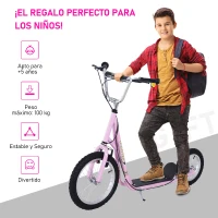 HOMCOM Patinete 135x58x92-100 cm 2 Ruedas 16/12 pulgadas con 2 Frenos Scooter + Caballete Rosa(m-4)