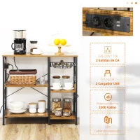 HOMCOM Estantería de Cocina con Toma de Corriente Estantes Ajustables Ganchos y Cesta Metálica 90x40x83 cm Marrón Rústico(m-4)