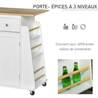HOMCOM Desserte de cuisine ilôt cuisine avec plan de travail étagère range-bouteilles porte-torchons 2 tiroirs placard 2 portes MDF blanc hévéa(m-8)