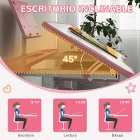 ZONEKIZ Pupitre Infantil Ajustable con 1 Cajón 1 Estante para Libros y Ángulo de Mesa Ajustable 80x49,5x82-104 cm Rosa y Blanco(m-7)