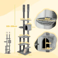PawHut Kratzbaum, 4 Etagen, deckenhoch, verstellbar 225-255 cm, Hängematte, Haus, Grau(m-3)