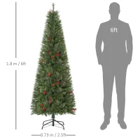 HOMCOM 6ft Pencil Artificial Christmas Tree with Realistic Branches, Red Berries, Auto Open, Green(m-3)