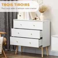 HOMCOM Commode 3 tiroirs design scandinave piètement effilé incliné bois pin panneaux blanc80 x 30 x 80 cm blanc(m-5)