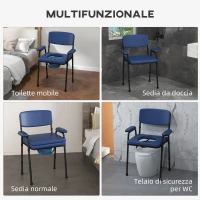 HOMCOM Sedia Comoda 5 in 1 per Anziani e Disabili per WC e Doccia, Altezza Regolabile e Secchio Rimovibile, Blu(m-4)
