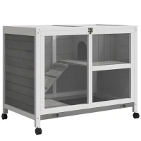 PawHut Conejera de Madera con Ruedas 91,5x53,3x73 cm Jaula para Conejos de 2 Niveles con Techo Abatible Gris(m-1)