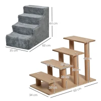 PawHut Escalera para Perros de 4 Peldaños Escalera para Mascotas con Funda Extraíble y Lavable para Cama Sofá 60x35x44 cm Gris(m-3)