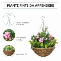 Outsunny Set 2 Piante Finte di Lisianthus con Vaso e Gancio, Piante Artificiali in PE e Vimini, Ø25x34 cm, Verde e Rosa(m-4)