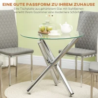 HOMCOM Esstisch, runde Hartglasplatte, randloses Design, für 2-4 Personen, Stahlbeine, 80 x 80 x 74 cm(m-4)