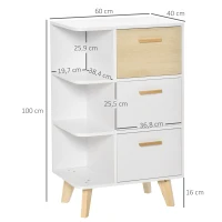 HOMCOM Sideboard Kommode Schrank mit 3 offenen Ablagen Schubladen Aufbewahrungsschrank Mehrzweckschrank für Wohnzimmer Schlafzimmer Weiß+Natur 60 x 40 x 100 cm(m-3)