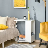 HOMCOM Mobile Sofa Side Table C-Shape End Table with Storage and Casters for Laptop Coffee Snack, White(m-8)
