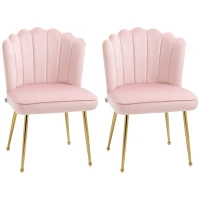 HOMCOM Shell Dining Chairs Set of 2, Upholstered Kitchen Chairs with Gold Metal Legs and Backrest, Velvet Fabric Lounge Leisure Chairs for Living Room, Reception Room, Pink(m-11)