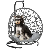 PawHut Rattan Hundehütte mit Kissen Hundehaus Haustierbett Katzenhaus Katzenkorb Katzenhöhle Hängesessel Hängematte für Hunde Katzen Outdoor Grau+Schwarz 60 x 53 x 76 cm(m-1)
