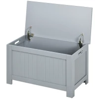 HOMCOM Sitzbank mit Stauraum im Landhausstil, inkl. Sicherheitsscharniere, Truhe, 81 cm x 40 cm x 46 cm, Hellgrau(m-10)