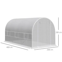 Outsunny Invernadero de Túnel 400x200x200 cm Invernadero de Jardín con Puerta Enrollable y 6 Ventanas PE 140 g/m² Anti-UV Blanco(m-3)