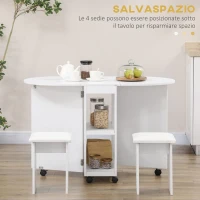 HOMCOM Set da cucina 5 Pezzi, Tavolo pieghevole con 2 ripiani e 4 Sgabelli in Legno truciolato, Bianco(m-4)