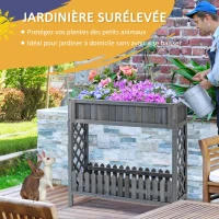 Outsunny Jardinière sur Pied Potager avec étagère barrière - pans latéraux Treillis - dim. 90L x 30l x 90H cm - Bois Sapin Gris(m-4)