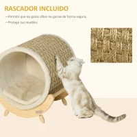 PawHut Cama Elevada para Gatos Cueva para Mascotas Tipo Barril con Superficie para Rascar y Cojín 41x38x43 cm Natural(m-4)