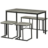 HOMCOM Essgarnitur, 4-teilig, Tisch, 2 Hocker und Bank, kompakt, Metallrahmen, Grau(m-1)