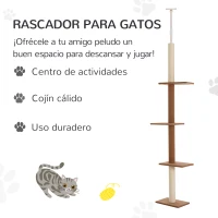 PawHut Árbol Rascador para Gatos de Suelo a Techo Torre para Gatos con Altura Ajustable y Plataformas 43x27x228-260 cm Marrón(m-4)