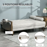 HOMCOM Canapé Convertible 3 Places Design scandinave Dossier inclinable 3 Positions Tablette Rabattable 2 Coussins Inclus Pieds effilés Bois Eucalyptus fumé Tissu Coton Polyester Aspect Lin Beige(m-5)