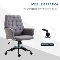 HOMCOM Sedia da Ufficio Imbottita ad Altezza Regolabile, in Tessuto Effetto Lino, 66x69x89.5-97 cm, Grigio(m-7)