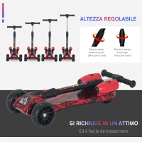 HOMCOM Monopattino a 3 Ruote per Bambini Piccoli 3-6 Anni, Pieghevole, Regolabile con Musica, Ruote Luminose e Razzi, Rosso(m-4)