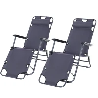 Outsunny 2 in 1 Folding Sun Lounger Reclining Garden Chair Set of 2 with 2-Level Adjustable Backrest, Outdoor Zero Gravity Recliner Garden Chairs with Head Pillow and Armrests, Grey(m-11)