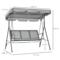 Outsunny Hollywoodschaukel mit verstellbarem Sonnendach, 3-Sitzer Gartenschaukel mit Anti-Rutsch-Füßen, Schaukelbank belastbar bis 240 kg, Gartenliege für Garten, Terasse, 170x110x153cm, Grau+Silber(m-3)
