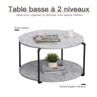 HOMCOM Table Basse Ronde avec étagère dim. Ø 80 x 45H cm Panneaux Particules Imitation marbre Blanc métal Noir(m-4)