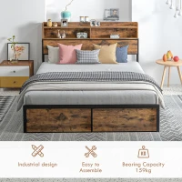 HOMCOM Industrial King Bed Frame, 5.2FT Steel Bed Base with Storage Headboard, Footboard, Slatted Support and Under Bed Storage, 158 x 222cm, Rustic Brown(m-6)