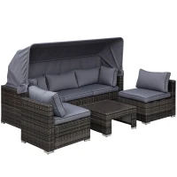 Outsunny Rattan Lounge Set, Sitzgruppe mit Sonnendach, Garten Loungegruppe, inkl. Kissen und Beistelltisch, Metall, Grau, 215 x 75 x 64 cm(m-1)