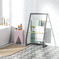 HOMCOM Portasciugamani a 4 Sbarre in Acciaio e Bambù, 60x35x102 cm, Nero e color Legno(m-2)