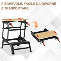 HOMCOM Banco da Lavoro Pieghevole con Altezza Regolabile, 4 Morsetti e Fori per Utensili, in Metallo e Bambù, 68x60x21-78cm, Nero(m-4)