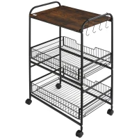 HOMCOM Carrito Auxiliar con Ruedas de 3 Niveles Carrito de Cocina con 2 Cestas y 4 Ganchos 60x38x85,5 cm Marrón Rústico(m-11)