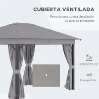 Outsunny Cenador de Jardín 4x3 m Pabellón con Techo de Ventilación 4 Cortinas Laterales con Puerta y 8 Orificio de Drenaje Gazebo de Aluminio para Exterior Patio Fiestas Gris(m-4)