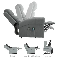HOMCOM Fauteuil releveur électrique avec Massage et Chauffage Fauteuil Relax Salon Inclinaison réglable Repose-Pied Ajustable Lin Gris chiné(m-7)