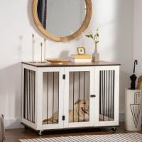 PawHut Dog Crate Furniture, Dog Cage End Table, with Wheels, for Large Dogs, 106 x 60 x 82 cm  - White(m-2)
