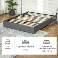 HOMCOM Cama Doble 140x190 cm Somier con 3 Cajones y Estructura de Metal Carga 363 kg Gris(m-3)