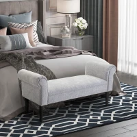 HOMCOM Bed End Bench, Window Seat, Linen Chaise Lounge Sofa with Arm and Wooden Legs for Bedroom, Living Room, Grey(m-2)