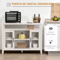 HOMCOM Aparador de Cocina Mueble Auxiliar de Comedor con 2 Armarios con Puerta de Vidrio Estante Ajustable Compartimentos Abiertos 116x39,5x86,5 cm Blanco(m-6)
