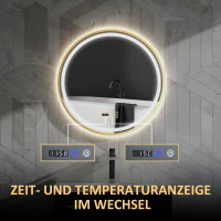HOMCOM Runder Badezimmerspiegel mit LED-Lichtern, Badspiegel mit Anti-Beschlag-Funktion, Touch-Bedienung, Display(m-6)