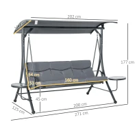Outsunny Dondolo da Giardino a 3 Posti , Dondolo da Esterno con Tettuccio Regolabile e 2 Tavolini, Grigio 271x125x177cm(m-3)