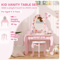 AIYAPLAY Kids Dressing Table Set, Vanity Table with Stool, Mirror, Drawer, Desktop, Storage, Strawberry-Theme, Pink(m-4)