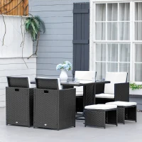 Outsunny Conjunto de Muebles de Jardín Comedor 9 Piezas de Ratán Apilables con Cojines para Terraza 1 Mesa 4 Sillas y 4 Taburetes de Exterior Elegante Negro(m-2)