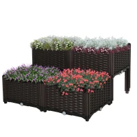 Outsunny Set 4 Pezzi Fioriere da Esterno Autoirriganti Rialzate Letto da Giardino Rialzato per Fiori Effetto Rattan in PP, Marrone(m-10)