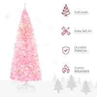 HOMCOM 5FT Tall Prelit Pencil Slim Artificial Christmas Tree with Realistic Branches, Warm White LED Lights and 408 Tips, Xmas Decoration, Pink(m-4)