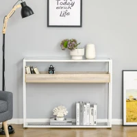 HOMCOM Mesa Consola de Entrada 108x28x85 cm Mueble Recibidor con Encimera de Cristal Estante y Rejilla Inferior Marco de Acero para Pasillo Salón Extremo del Sofá Blanco(m-7)